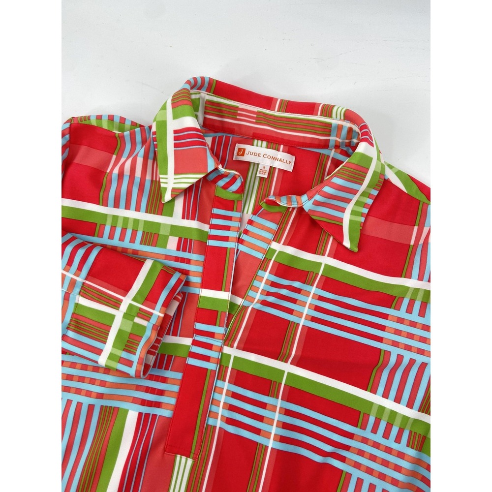Jude Connally Shirt Womens Small Red Plaid Tunic‎ Jersey Knit Colorful Bright